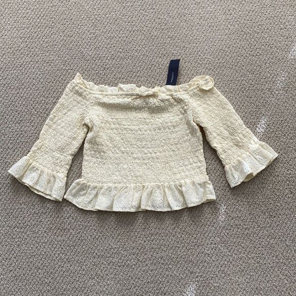 American Eagle Yellow Ruffled Smocked Crop Top Off Shoulder Blouse Frilled NWT - Picture 1 of 9
